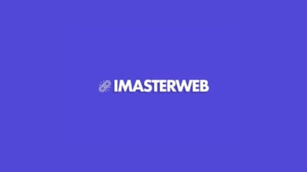 iMasterWeb logo on a purple background, featuring white bold uppercase text with a stylized chain link icon to the left, representing web connectivity.