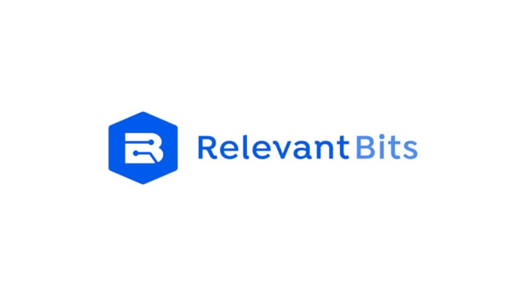 "Relevant Bits logo with a blue hexagonal symbol and circuit-inspired letter R, representing data-driven web development and UX design."