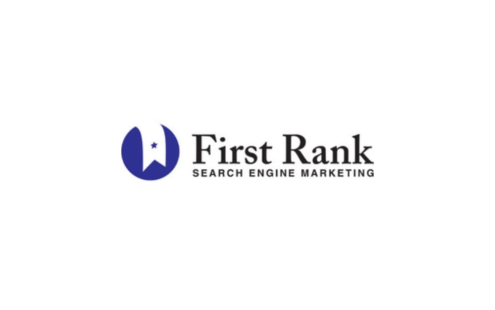"First Rank logo with a blue bookmark icon and serif font, representing a search engine marketing and SEO agency based in Winnipeg, Canada."