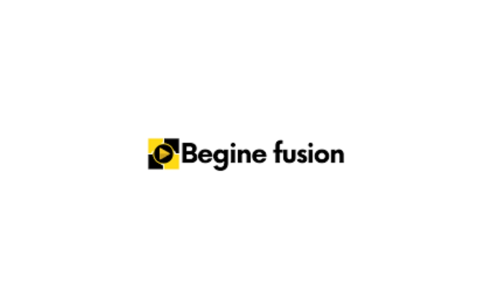 Minimalist logo of “Begine Fusion” with bold black text and a yellow play button icon — representing a Winnipeg digital strategy and content marketing agency.