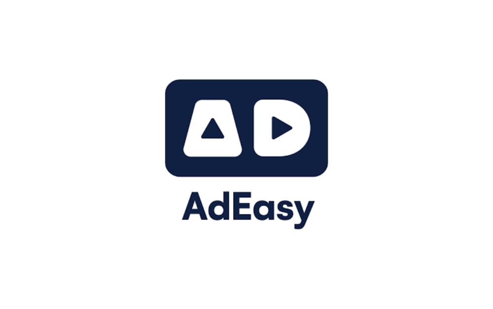 AdEasy logo featuring two dark blue icons — a triangle and a play button — inside a rounded rectangle, with “AdEasy” in bold font below — representing a Winnipeg PPC and digital advertising company.