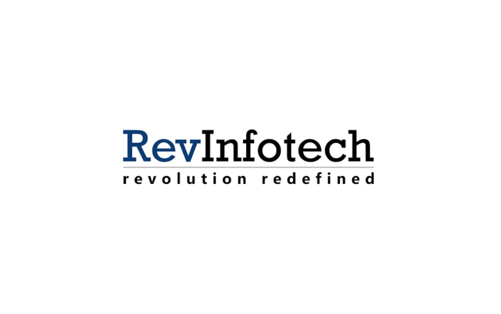 RevInfotech logo with blue and black text reading ‘RevInfotech revolution redefined,’ brand identity of a global tech and online reputation agency serving Winnipeg.