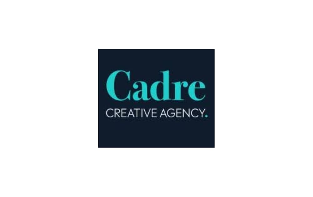 Logo of Cadre Creative Agency with “Cadre” written in bold turquoise font and “CREATIVE AGENCY.” in white uppercase letters on a dark navy background.