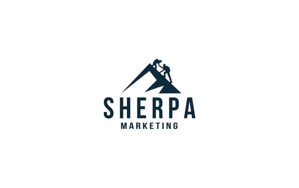 Logo of Sherpa Marketing featuring a climber on a mountain peak graphic with “SHERPA MARKETING” written below.