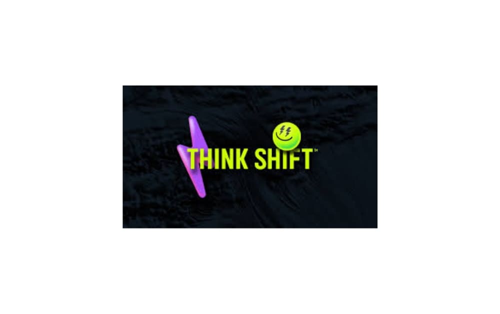 Vibrant logo with neon green text “THINK SHIFT” beside a glowing green smiley face and a purple lightning bolt on a dark background, giving a bold, energetic look.