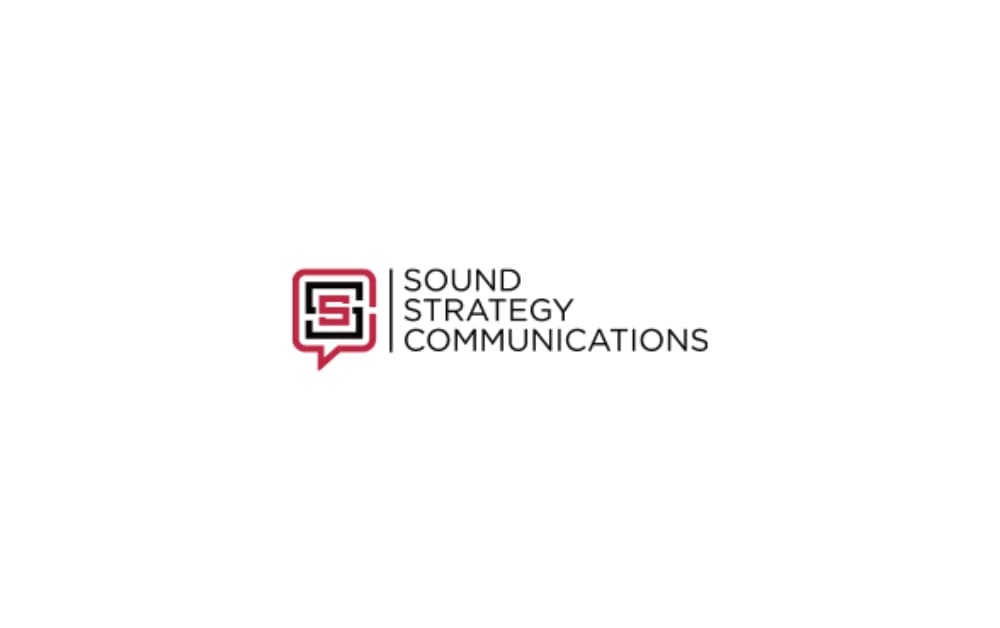 Modern logo featuring a speech bubble with interlocking red and black "S" letters, followed by the name “Sound Strategy Communications” in sleek, black text.