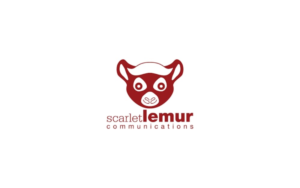 Stylized red lemur face logo with the text “scarlet lemur communications” beneath it in lowercase letters, blending playful design with professional branding.