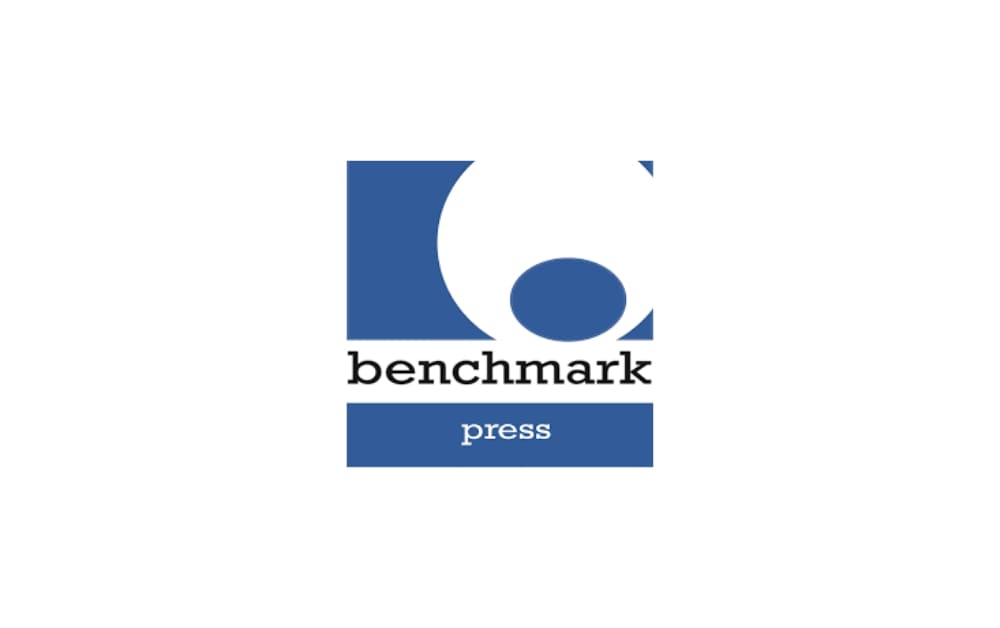 Dark blue square logo with a stylized circular graphic, the word “benchmark” in lowercase black serif font, and “press” in lowercase white text on a blue background strip below.