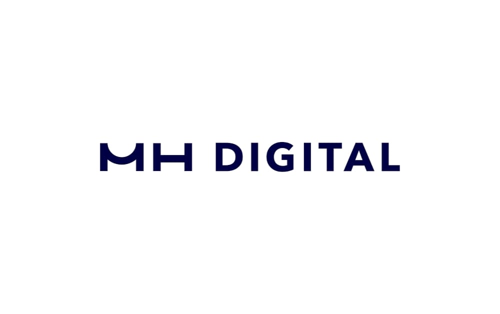Minimalist MH Digital logo with navy-blue text spelling “MH DIGITAL” in a bold, modern font on a white background.