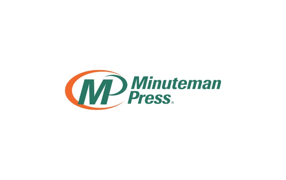 Minuteman Press logo showing a green "M" encircled by an orange swoosh with the words "Minuteman Press" in green text.