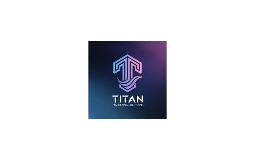 Logo of Titan Marketing Solutions featuring a stylized "T" with layered wave elements in blue and purple gradient on a dark background.