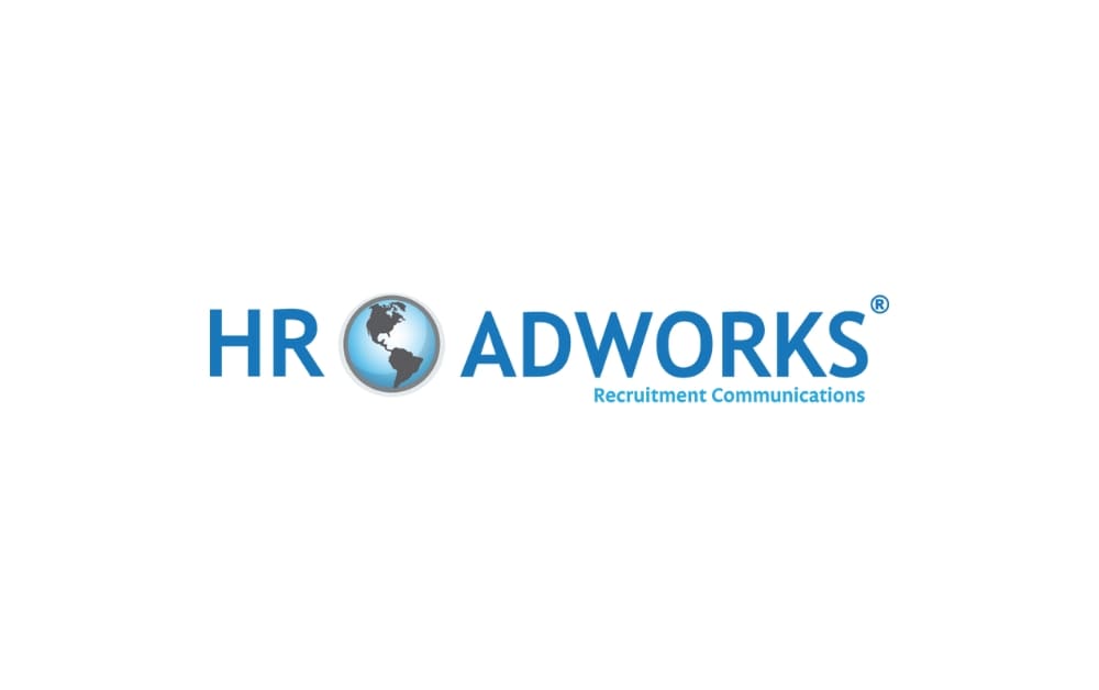 Blue text “HR ADWORKS” with a globe icon replacing the “O” and the subtext “Recruitment Communications” beneath.