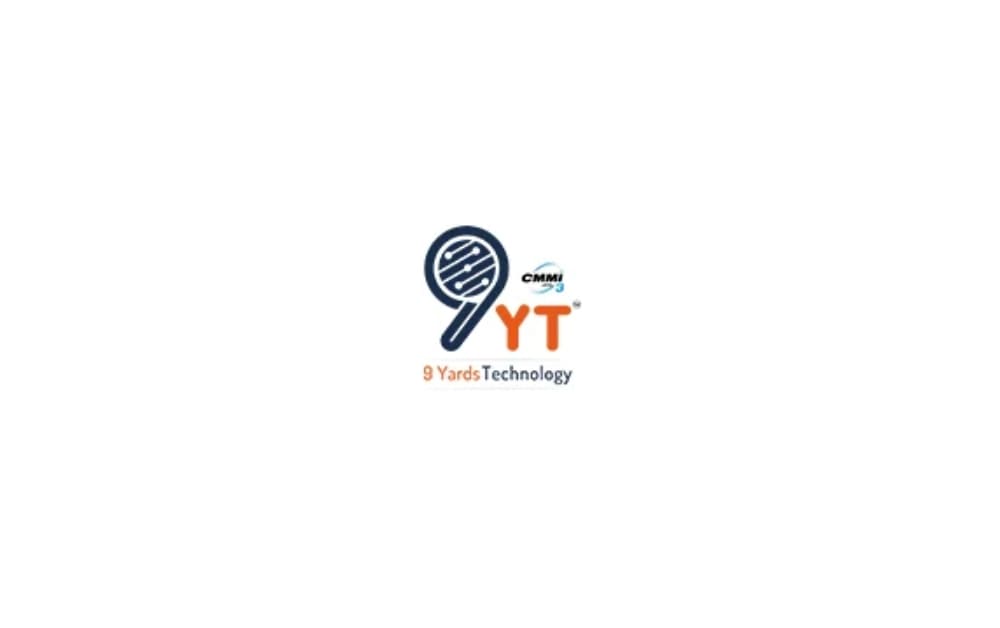 Navy blue magnifying glass with circuit design followed by “9 YT” in orange and “9 Yards Technology” in smaller text below, including a CMMI Level 3 badge.