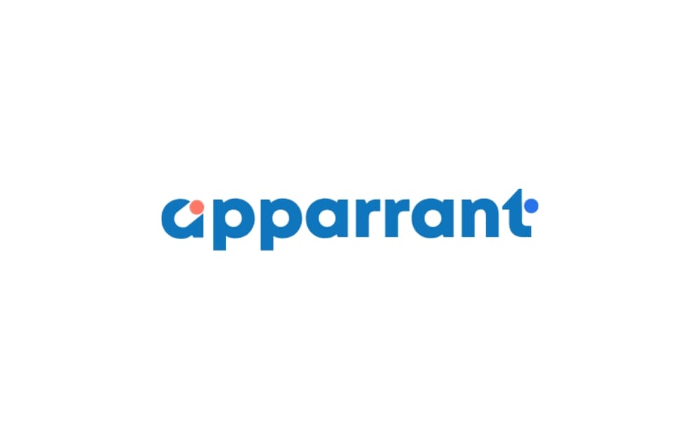 Modern, rounded blue logo text “apparrant” with pink and blue circular accents over the “a” and “t”, on a clean white background.