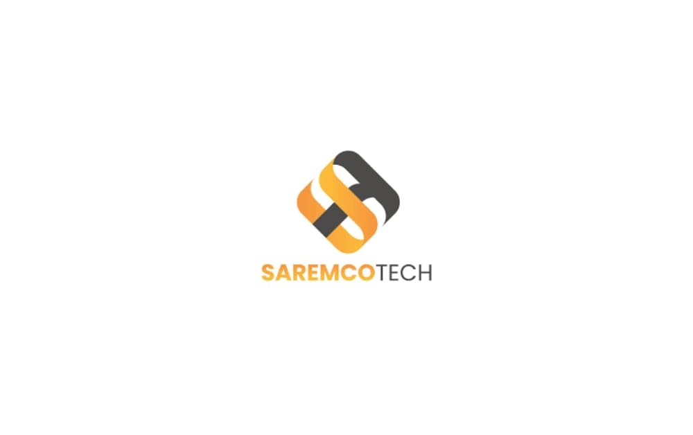 Interlocked orange and dark grey “S” shaped icon above the company name “SAREMCO TECH” written in matching colors on a white background.