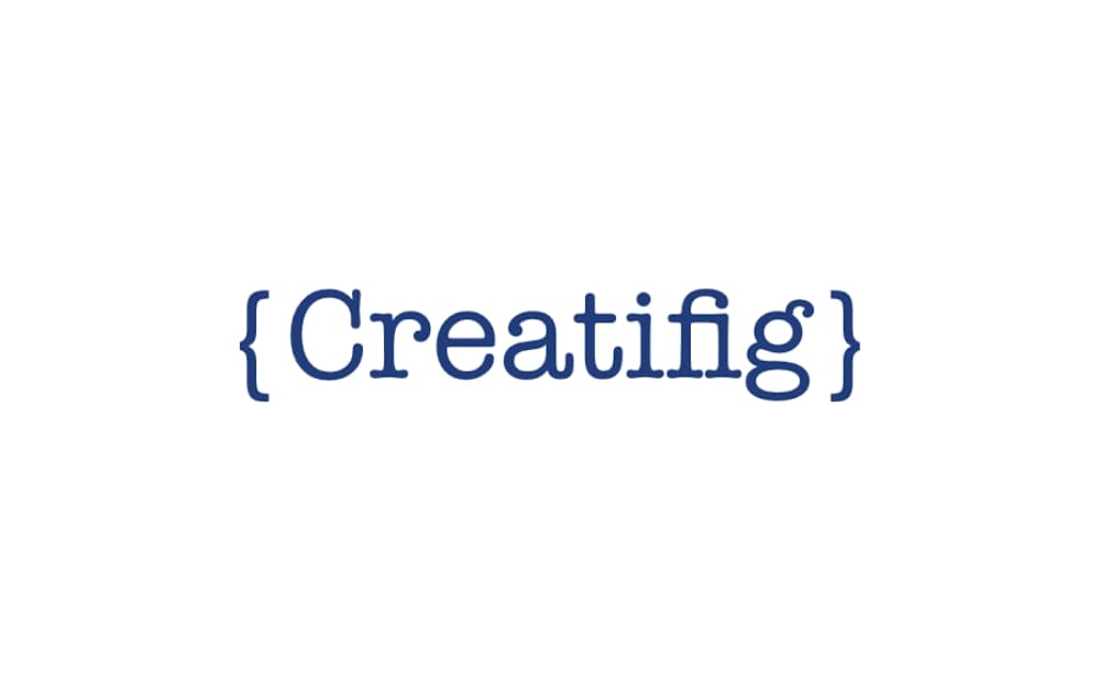 Curly blue code-style text logo spelling “{Creatifg}” with curly braces, evoking a developer aesthetic.