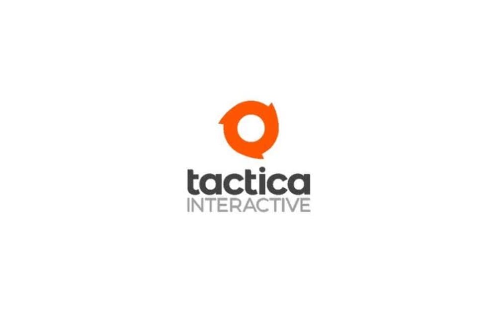 Circular orange icon above the words “tactica INTERACTIVE” in grey, displayed on a white background.