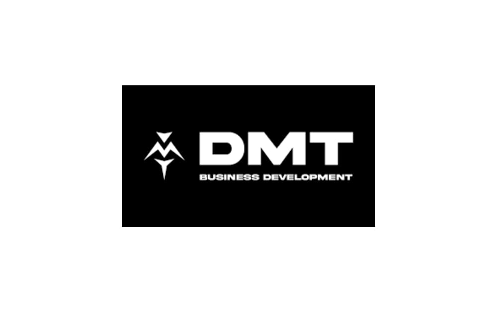 Logo of DMT Business Development featuring bold white text and a geometric abstract symbol on a black background.