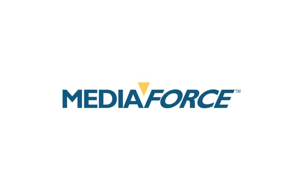 Mediaforce logo with bold blue text and a small yellow triangle above the letter “A,” representing strength and precision in marketing.