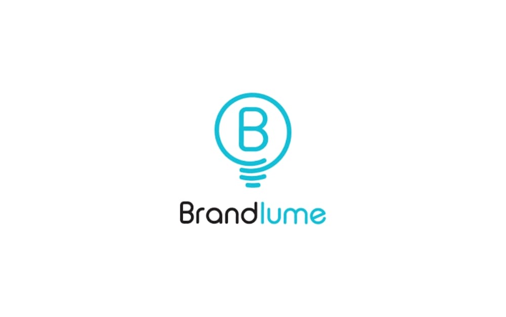 BrandLume logo featuring a turquoise “B” inside a lightbulb outline, paired with black and blue text below it—symbolizing bright branding ideas.
