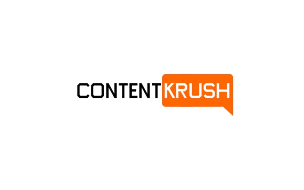 Logo of Content Krush featuring black and orange text inside a chat bubble design.