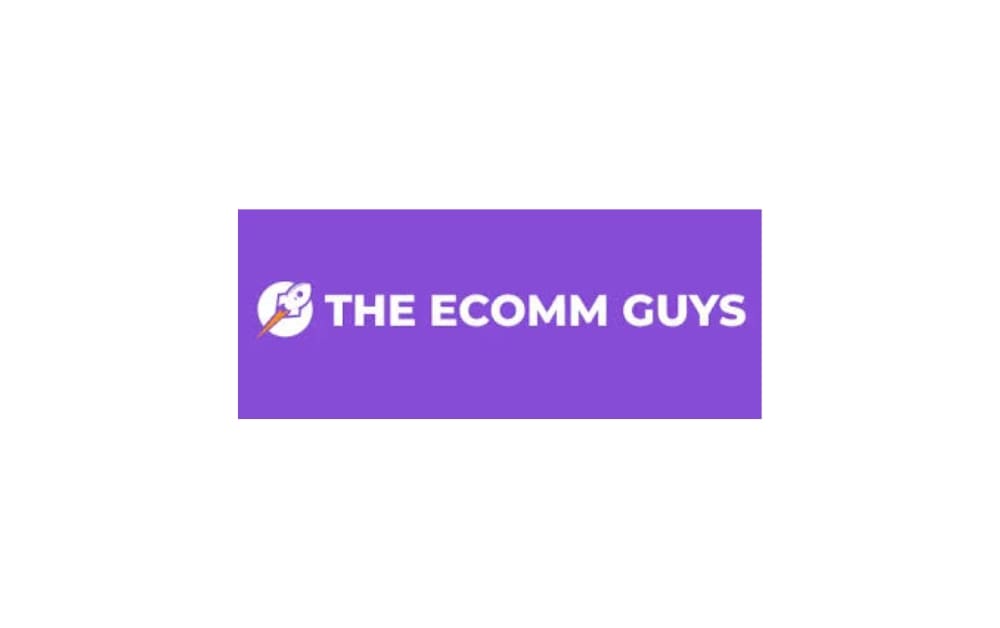 Logo of The Ecomm Guys with a purple background, white text, and a small rocket icon.