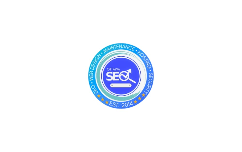 Logo for Ottawa SEO showing a circular badge with SEO, web design, maintenance, and hosting written around the border.