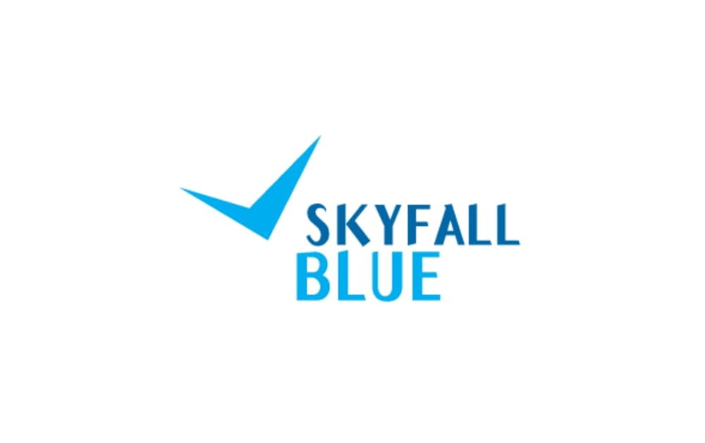 Logo of SKYFALL BLUE with a blue checkmark-style graphic and modern uppercase text.