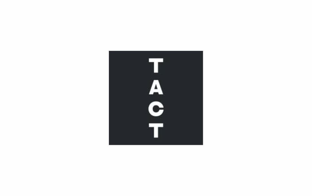 "Minimalist logo design featuring the word 'TACT' written vertically in bold white letters on a solid black square background, representing modern branding and clean typography."