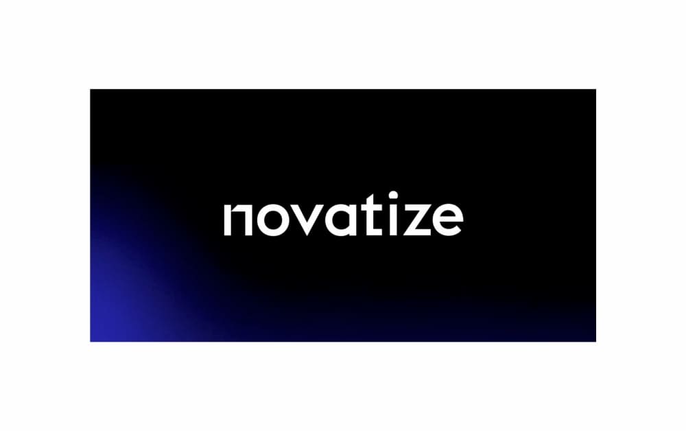 Novatize - White Sans-Serif Text on Black to Dark Blue Gradient Background