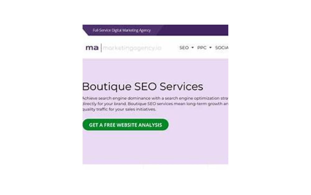 Screenshot of a boutique SEO services section from a digital marketing agency website, showcasing a call-to-action for a free website analysis on a purple background.