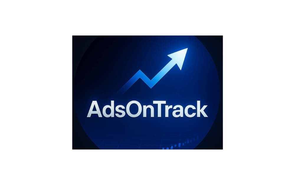 Logo of AdsOnTrack, a Winnipeg-based digital marketing agency, featuring an upward-pointing arrow in a blue circle, symbolizing ad growth and performance optimization.
