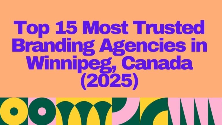 Banner displaying the title "Top 15 Most Trusted Branding Agencies in Winnipeg, Canada (2025)" in bold purple text on a peach background with colorful geometric patterns along the bottom edge.