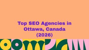 Graphic banner with a peach background and bold purple text reading “Top SEO Agencies in Ottawa, Canada (2026)” with a colorful abstract design pattern along the bottom edge.