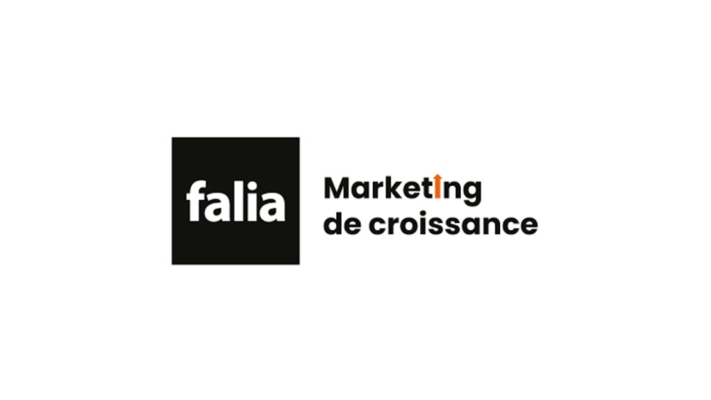 Falia logo with a black square and minimalist white text, combined with the French tagline “Marketing de croissance,” emphasizing the agency’s focus on growth marketing.