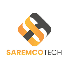 SaremcoTech logo featuring a stylized interlocking “S” icon in orange and dark gray above the brand name “SAREMCOTECH” on a light gray background.