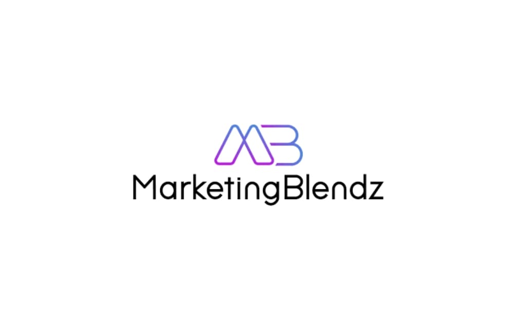 Marketing Blendz logo with overlapping M and B initials in gradient purple and blue, and clean black typography beneath, representing a digital marketing agency with a tech-forward brand.