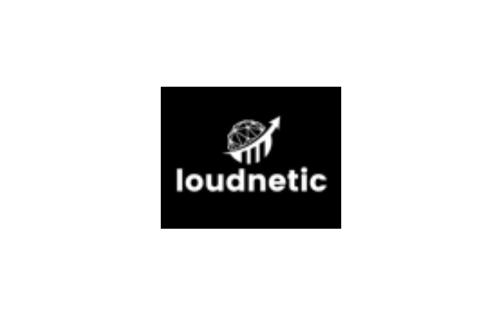 Loudnetic logo with white lowercase text on a black background, featuring a geometric globe and upward arrow bar chart icon, symbolizing digital growth and content-driven performance.