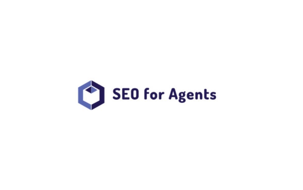 Logo of SEO for Agents featuring a purple hexagon with an open cube in the middle, alongside bold text representing specialized SEO services for real estate professionals.