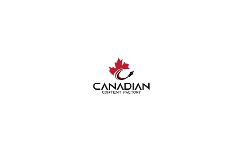 Canadian Content Factory logo featuring a red maple leaf and pen nib swirl, with bold black text, representing Canadian writing and SEO services.