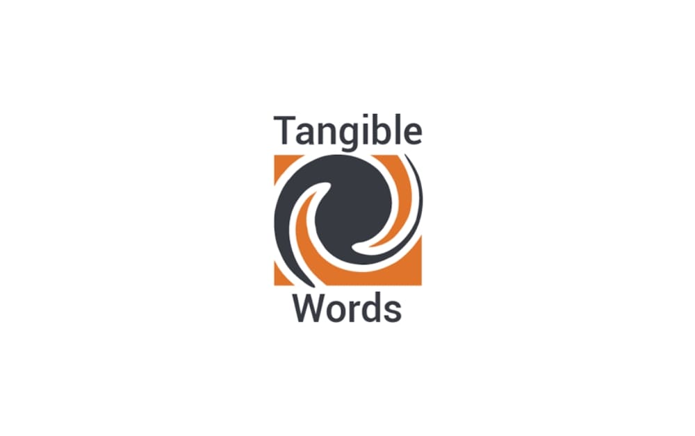 Tangible Words logo with swirling black-and-orange graphic inside a square, paired with bold text, symbolizing strategic content and business growth.