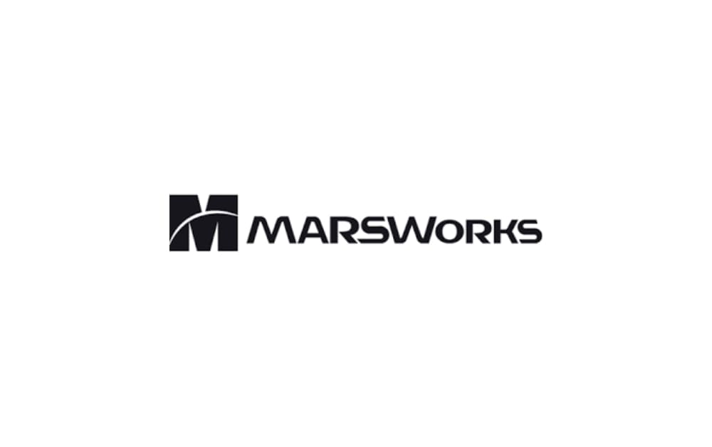 Modern black-and-white logo for MARSWorks featuring a bold “M” with a curved line through it, symbolizing digital innovation and creative development.