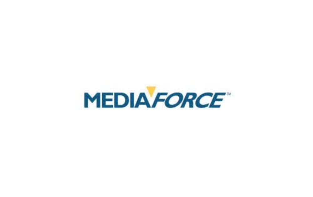 Mediaforce logo in blue uppercase letters with a yellow triangle above the “A,” giving a sharp and energetic appearance.