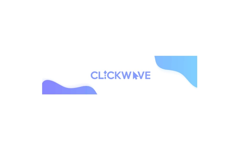 Clickwave logo in soft blue gradient with a cursor icon embedded in the letter “K” and smooth wave design elements on both sides.
