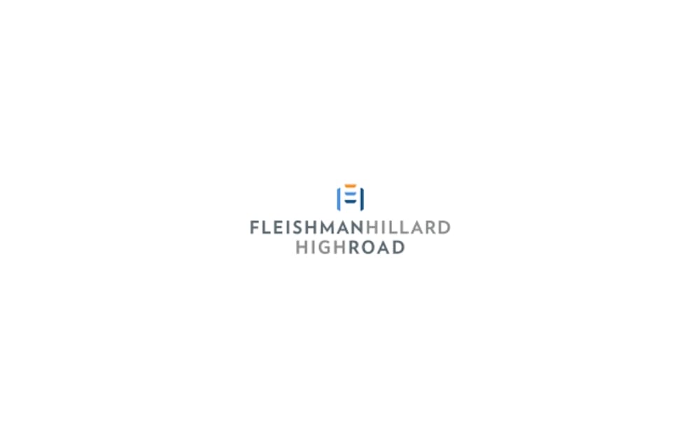 FleishmanHillard HighRoad logo with a minimalistic blue and orange monogram above the name in grey text.