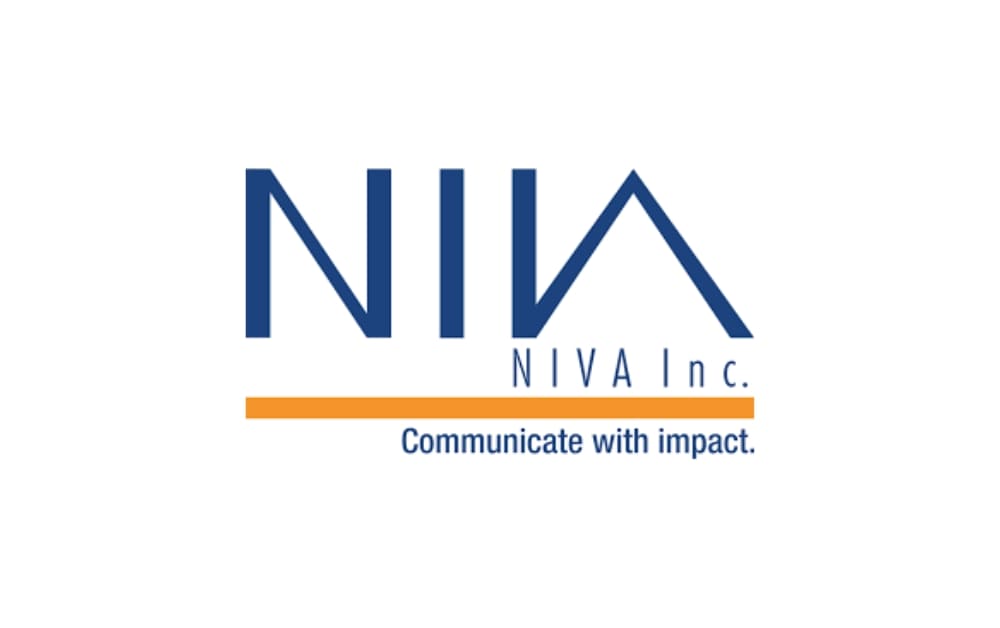 logo with sharp blue lettering and the tagline 'Communicate with impact.' below an orange line