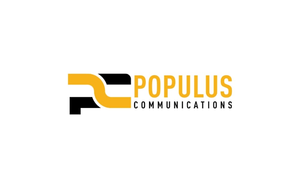 Populus Communications logo with bold yellow and black design, featuring stylized initials 'PC' and company name in uppercase.