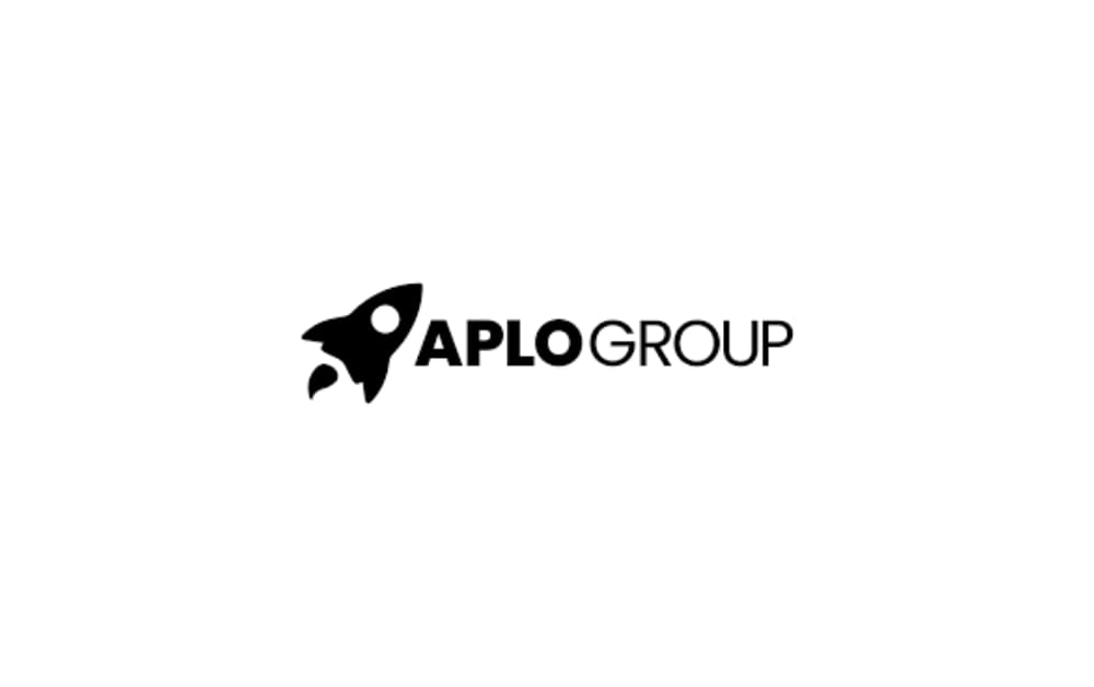"Aplo Group logo featuring a black rocket icon followed by clean black text"
