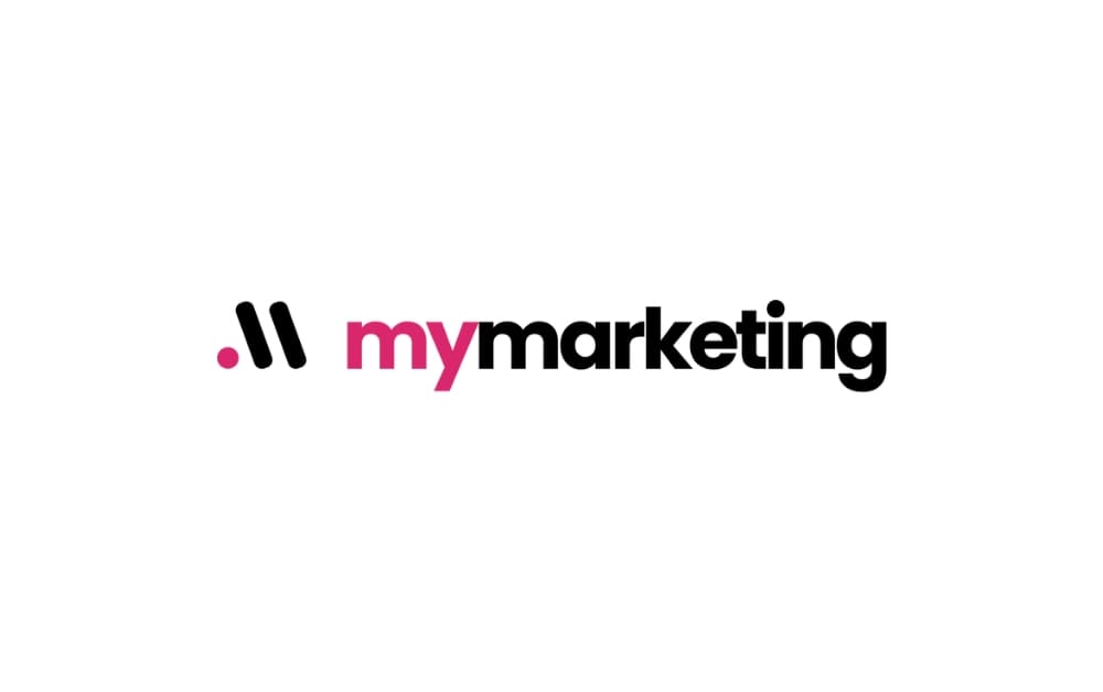 "myMarketing.io logo with bold black and pink text and modern dot-mark icon"