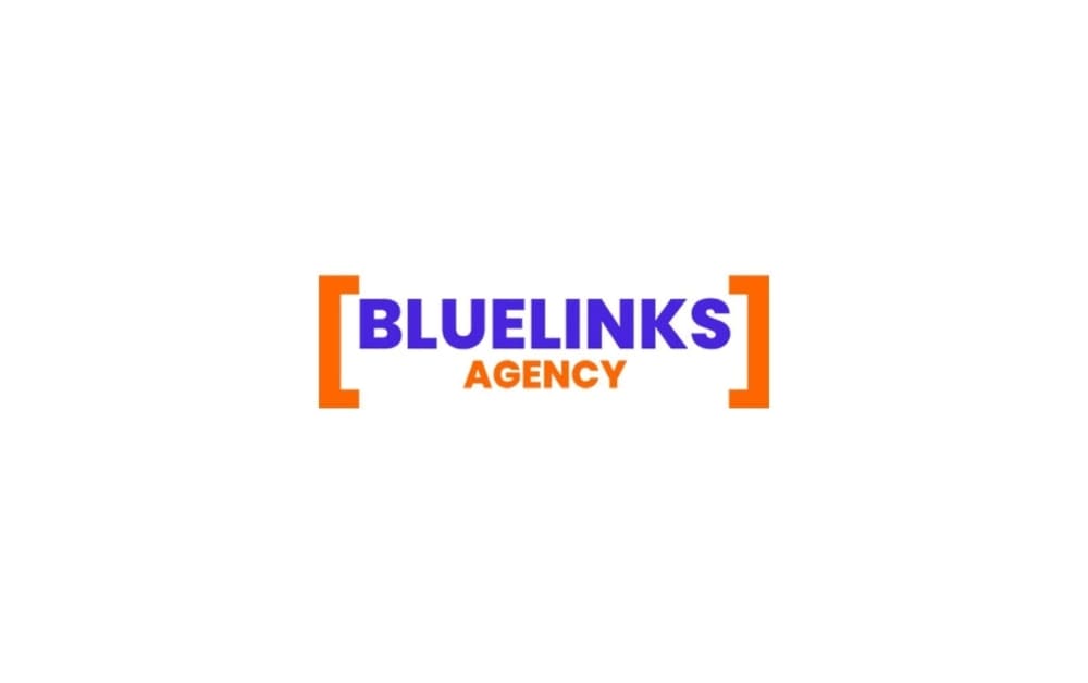 "Bluelinks Agency logo with bold purple 'Bluelinks' and orange 'Agency' text inside orange brackets"